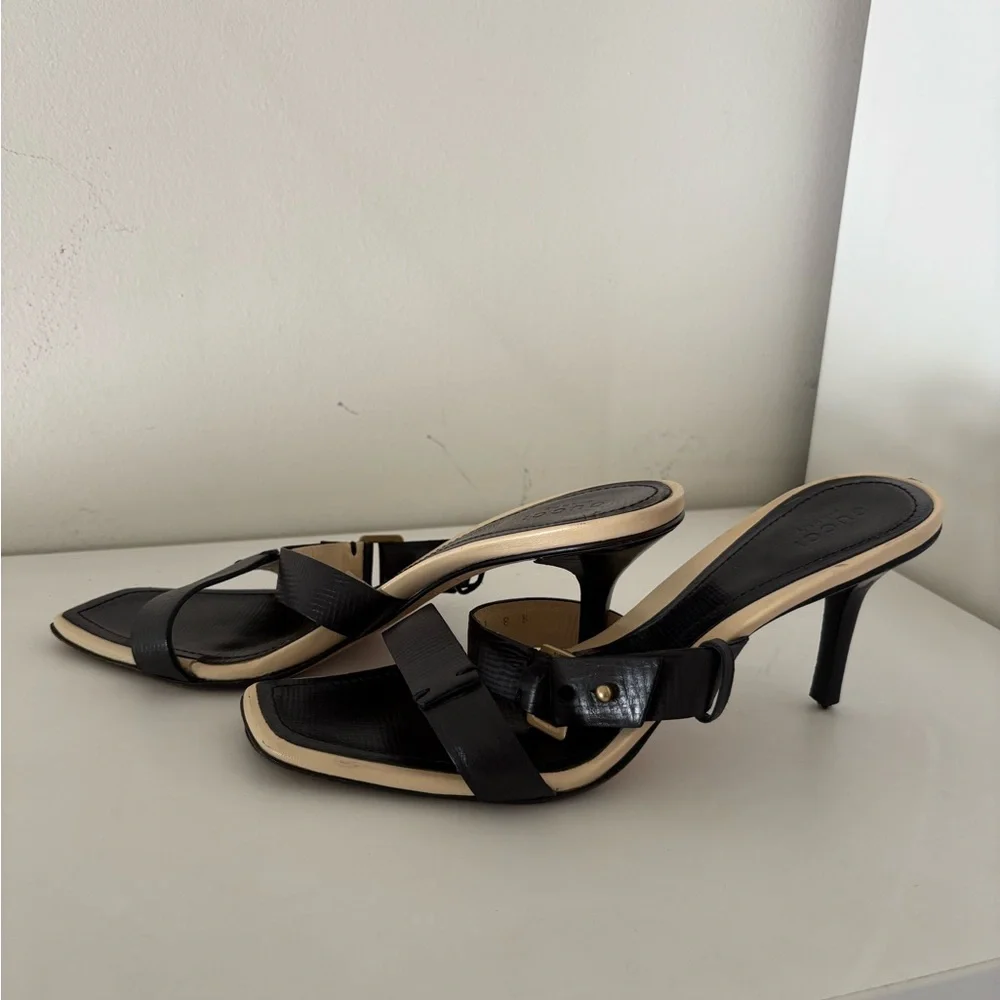 Gucci Black Strappy Kitten Heels with Gold Buckle Detail - Picture 1 of 10
